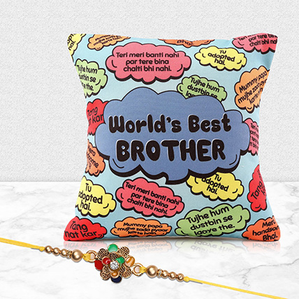 Worlds Best Brother Cushion With Meenakari Rakhi: Rakhi Gifts