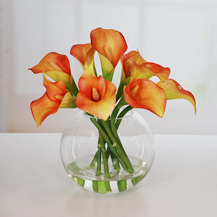 Premium Orange Calla Lilies Fish Bowl: Orange Bouquets