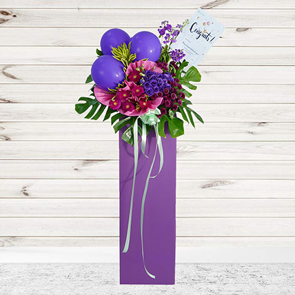 Mixed Flowers Purple Balloons Cardboard Stand: Grand Opening Flowers