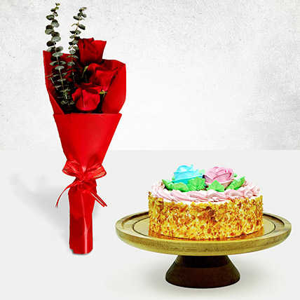 Roses Bouquet With Butter Sponge Cake: Flower Arrangements With Cake
