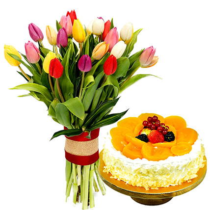 Colourful Tulips Bunch and Fruit Cake: For Anniversary