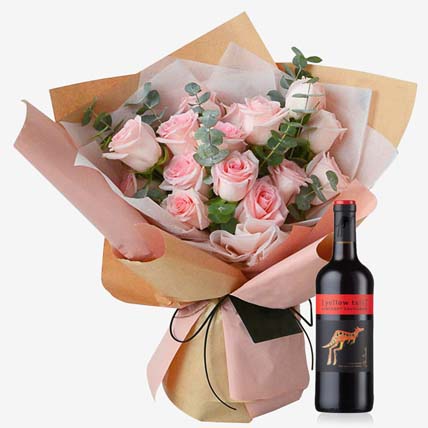 18 Sweet Pink roses With Yellow Tail Wine: Flowers And Wine Delivery