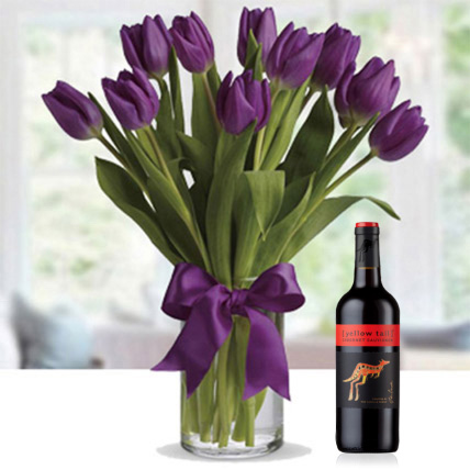10 Sweet Tulips In Glass Vase With Yellow Tail Wine: Flowers And Wine Delivery