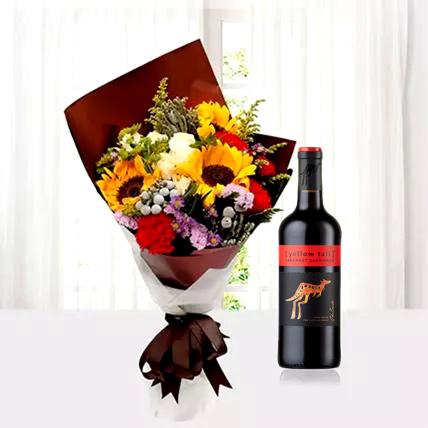 Mixed Flowers Bouquet With Yellow Tail Wine: Flowers And Wine Delivery