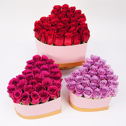 Trio Of Roses Charm In Heart Shape Boxes: Valentine's Day Flowers