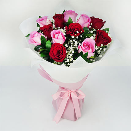 6 Pink & 6 Red Roses Pretty Bouquet: Valentine Day Gifts For Girlfriend