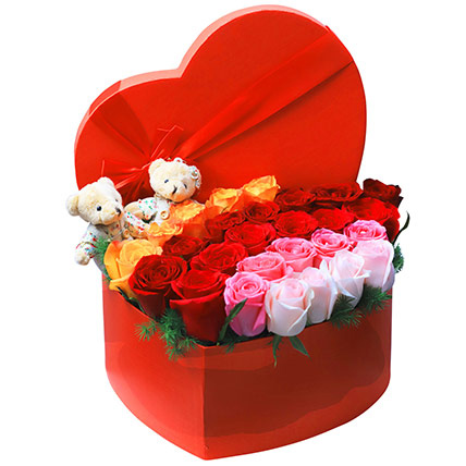 Colorful Roses In a Heart Shape Red Box: Flowers With Teddy Bear