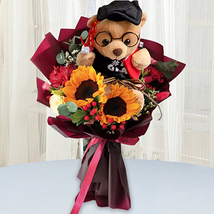 Mixed Flowers Bouquet With Graduation Teddy: Flowers With Teddy Bear