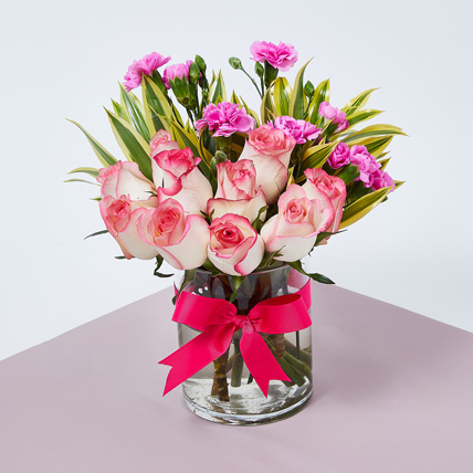 Dual Shade Roses And Carnations In Vase: Women's Day Flowers