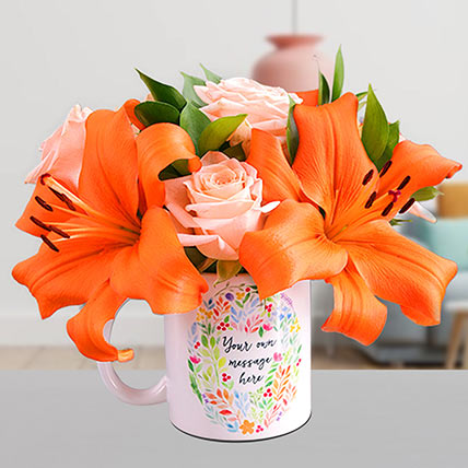 Enticing Mixed Flowers In Floral Mug: Miss You Flowers