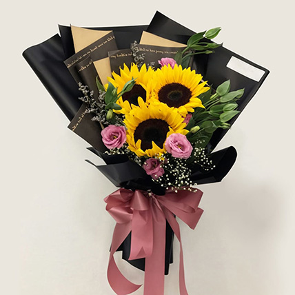 Sunflower N Lisianthus Beautifully Wrapped Bouquet: Flower Bouquets Singapore