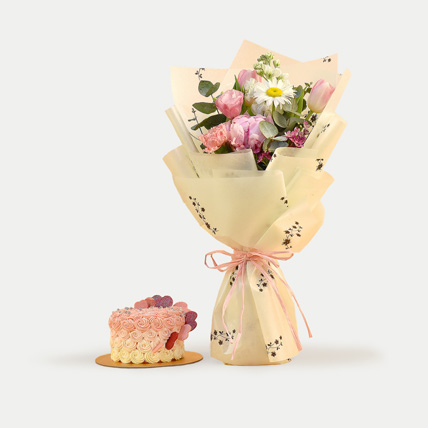 Beautiful Mixed Flowers Bouquet & Floral Heart Choco Cake: Gifts for Employees