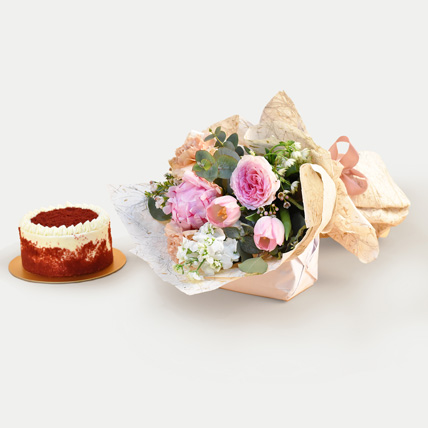 Beautiful Mixed Flowers Bouquet & Red Velvet Cake: Teachers Day Flowers