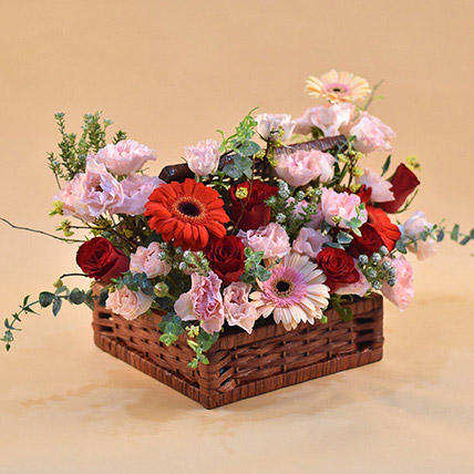 Heavenly Mixed Flowers Square Basket: Birthday Basket Arrangement