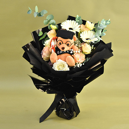Graduation Teddy & Mixed Flowers Premium Bouquet: Plush Toys and Flowers