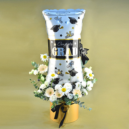 Congrats Grad Foil Balloon & Mixed Flowers Golden Vase: Graduation Flower Bouquets