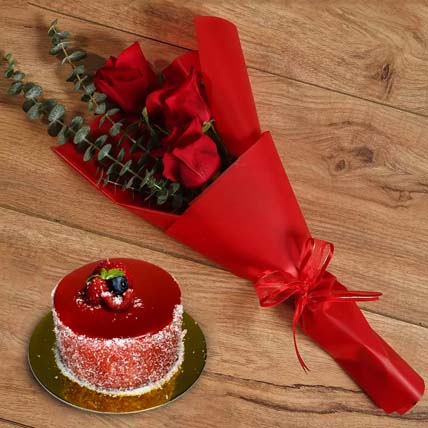 Beautiful Red Rose Bouquet With Mini Mousse Cake: Flowers And Cake For Anniversary