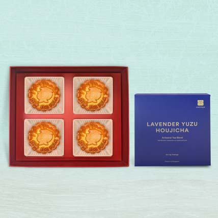Double Egg Yolk Snowskin Mooncake With Lavender Yuzu Houjicha Tea Box: Mid Autumn Festival Gifts