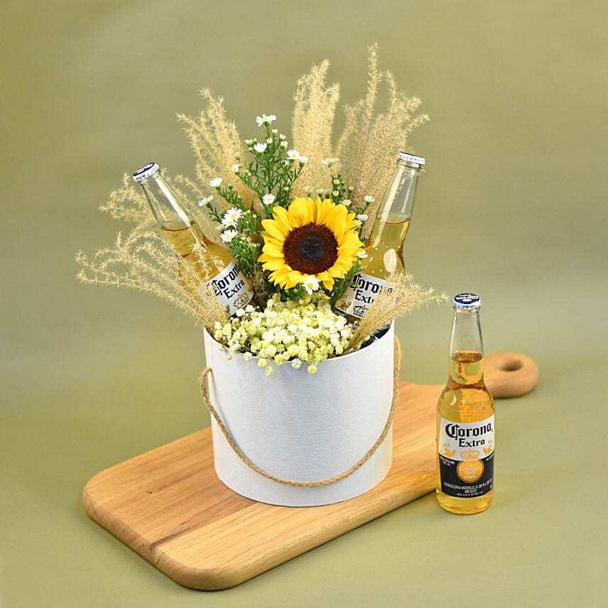 Bright Mixed Flowers & Beer White Box: Sunflower Bouquets