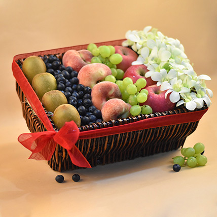 Dendrobium & Mixed Fruits Rectangular Basket: Wellness Hampers Singapore