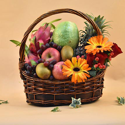 Mixed Flowers & Assorted Fruits Brown Basket: Fruit Hampers