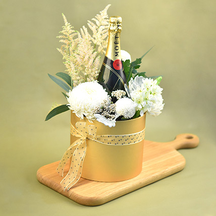 Mixed Flowers & Champagne Golden Box: Flower Bouquet with Wine
