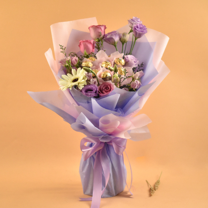 Mixed Flowers & Ferrero Rocher Bouquet: Flower and Chocolates For Anniversary