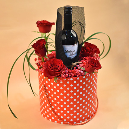 Mixed Flowers & Red Wine Gift Box: Flower Bouquet with Wine