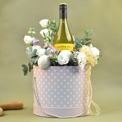 Mixed Flowers & White Wine Pink Box: Flowers And Wine Delivery