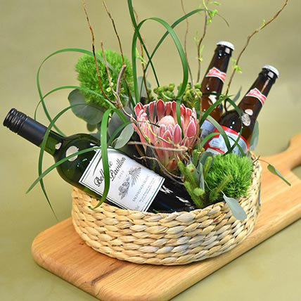 Mixed Flowers & Wine Basket: Combo Gifts
