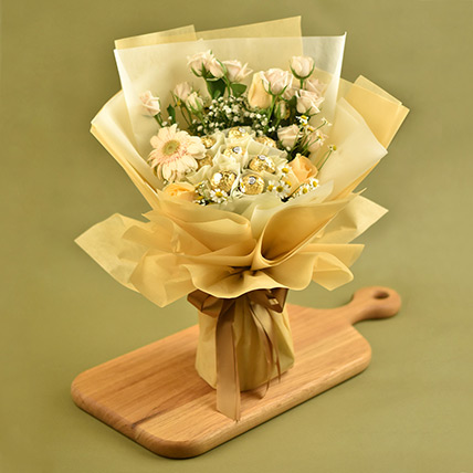 Serene Mixed Flowers & Ferrero Rocher Bouquet: Flower and Chocolates For Anniversary