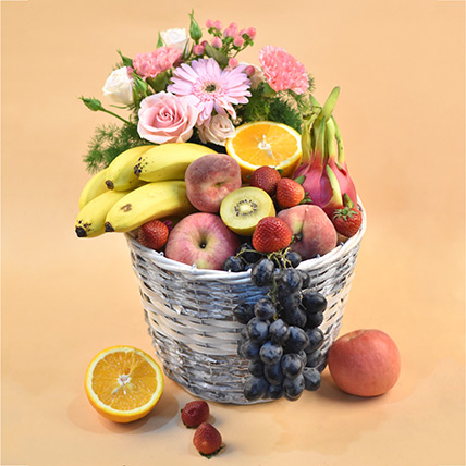 Assorted Fruits & Mixed Flowers Basket: Fruit Hampers
