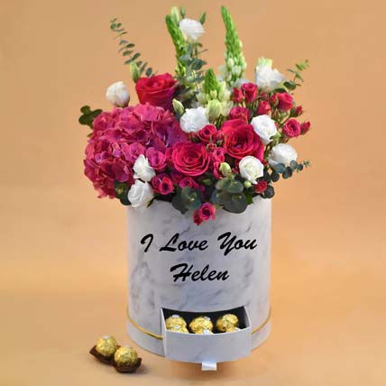 Ravishing Mixed Flowers & Ferrero in Drawer Box: Valentines Chocolates