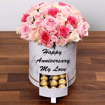 Stylish Box Of Pink Roses and Chocolates in White Box: Valentine's Day Chocolates
