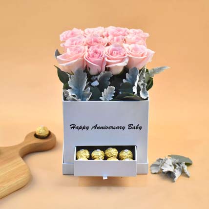 Graceful Roses & Ferrero in Drawer Box: Valentines Chocolates