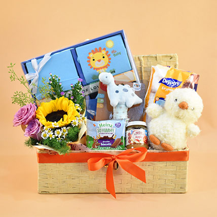 Light Yellow Straw Basket Baby Care Hamper: Baby Shower Gifts Singapore