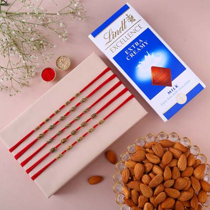 Sneh Classy Rakhi Set With Lindt Chocolates & Almonds: Raksha Bandhan Gifts For brother