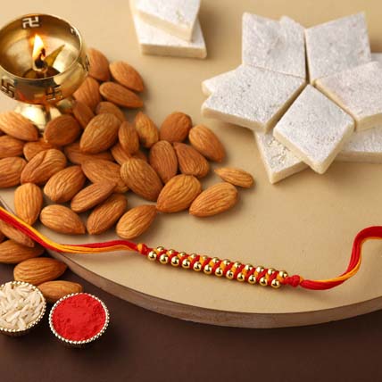 Sneh Gold Rakhi With Kaju Katli & Almonds: Rakhi Gifts