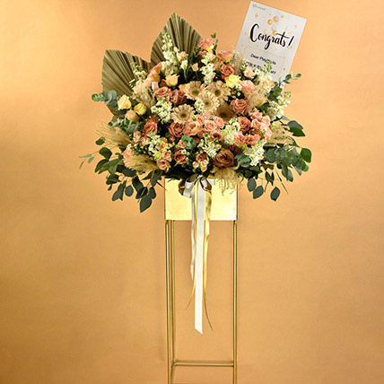 Blissful Mixed Flowers Golden Stand: Best Selling Flowers