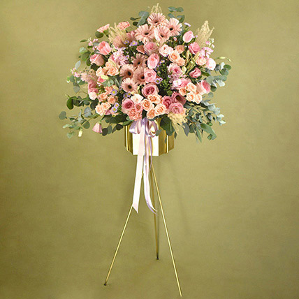 Blooming Pink Flowers Tripod Stand: Congratulations Flower Stand Singapore
