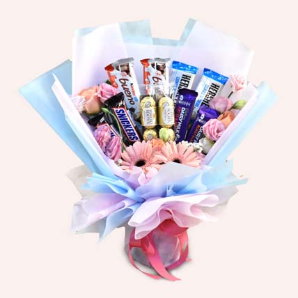 Delightful Mixed Flowers & Chocolates Bouquet: Flower and Chocolates For Anniversary
