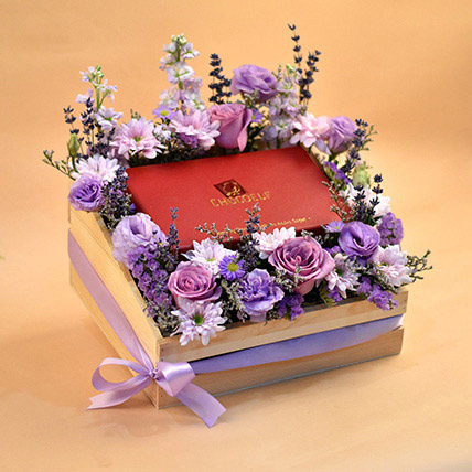 Enchanting Flowers & Chocolates Wooden Crate: Chocolates Delivery Singapore
