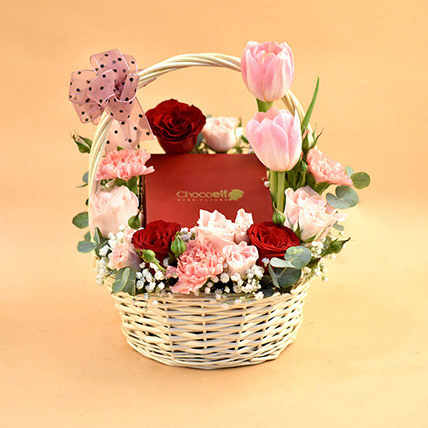Mixed Flowers & Chocolates Willow Basket: For Anniversary