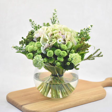 Serene Mixed Flowers Fish Bowl Vase: Hydrangeas Flowers