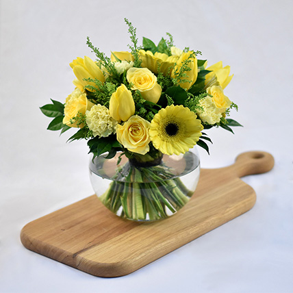 Bright Mixed Flowers Fish Bowl Vase: Beautiful Yellow Flowers