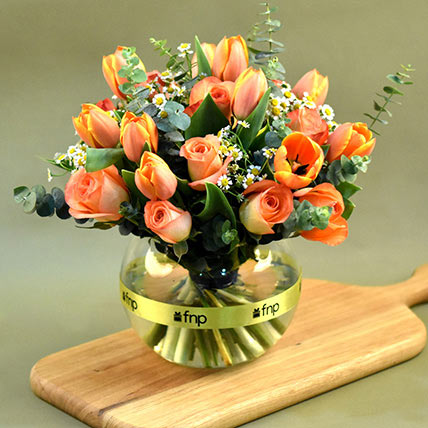 Graceful Mixed Flowers Fish Bowl Vase: Orange Flowers