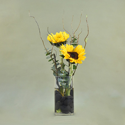 Sunny Sunflowers Cylindrical Vase: Yellow Floral Bouquet