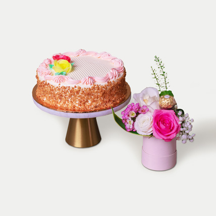 Pink Roses Box With Butter Sponge Cake: Flowers With Cake 