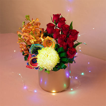 Festive Appeal Flowers Vase N Diyas Combo: Flowers For Diwali