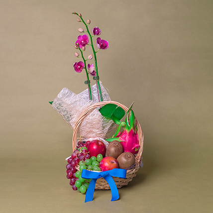 Purple Orchids & Assorted Fruits Basket: Wellness Hampers